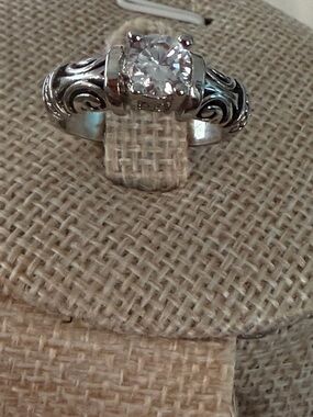 Detailed Sterling-Style Silver Ring with Clear Stone